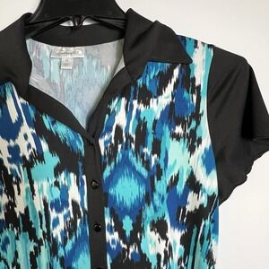 Dressbarn Blue Black Abstract Button Front Blouse Short Sleeve Hi-Low Womens Med